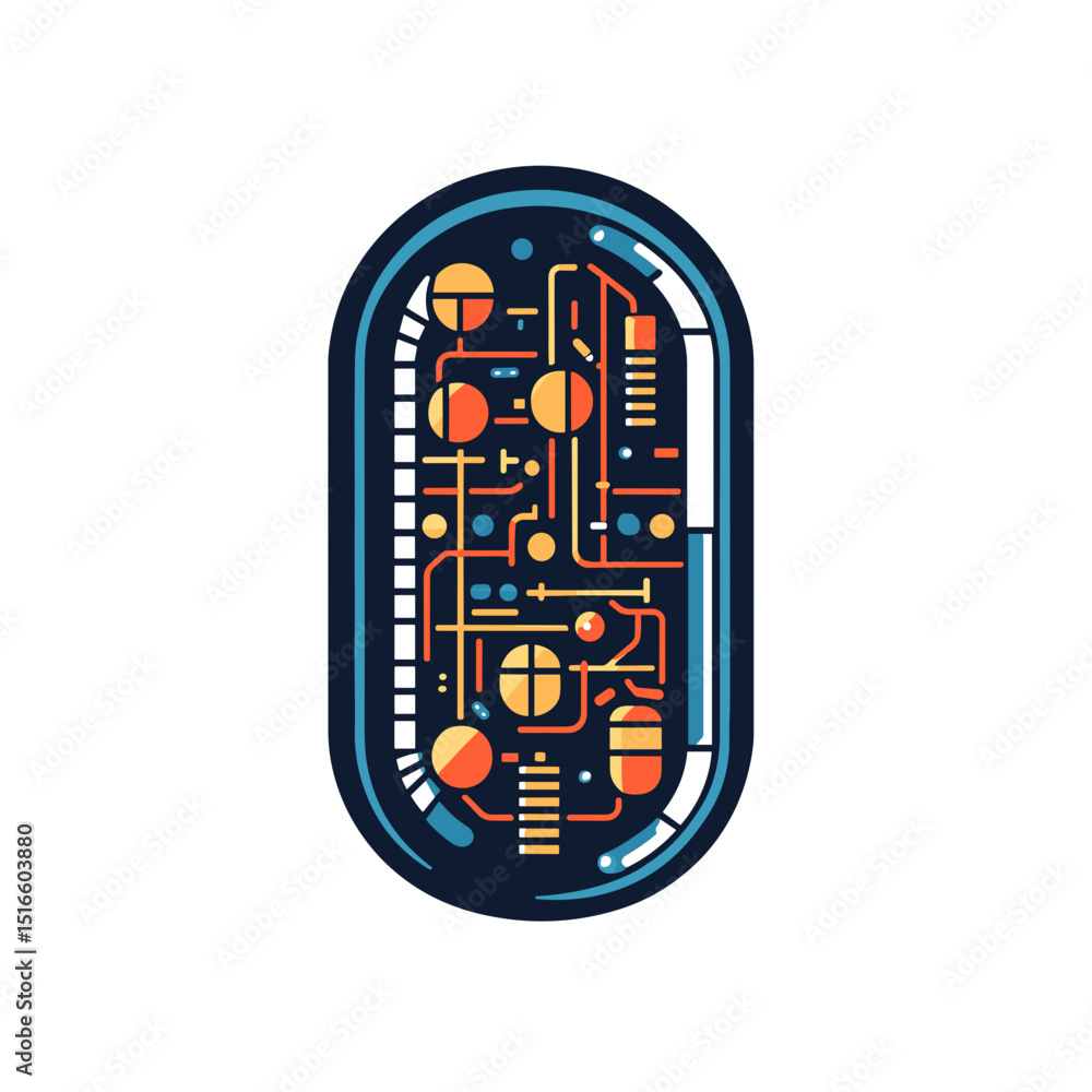 Poster detailed illustration of an abstract geometric scheme in blue and orange on white background featuri