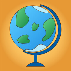 Cartoon flat vector illustrated globe on orange background showing stylized continents and ocean. Geography lesson. For back to school theme, education visual, educational concept, or classroom decor.