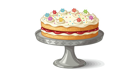 A layer cake on a grey stand topped with white frosting colorful flowers and sprinkles