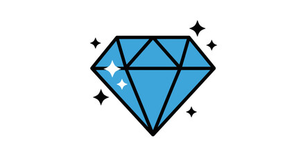 A vibrant blue diamond icon is outlined in black with star sparkles against a white backdrop