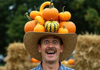Excited man straw hat pumpkin tower head orange harvest autumn festival. Male beard plaid shirt laughing seasonal fall thanksgiving halloween celebration concept
