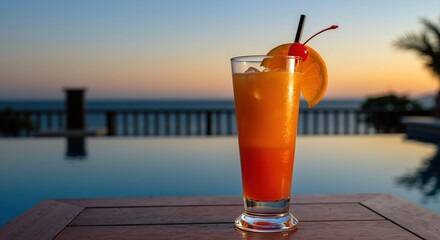 Orange cocktail cherry orange garnish poolside sunset tropical vacation drink. Refreshing beverage glass straw ice swimming pool leisure relaxation concept