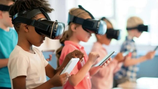 Kids exploring virtual reality with headsets and smartphones, engaged in immersive learning experiences.