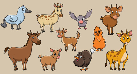 Obraz premium Eleven cartoon animals stand against a beige background They include mammals and birds