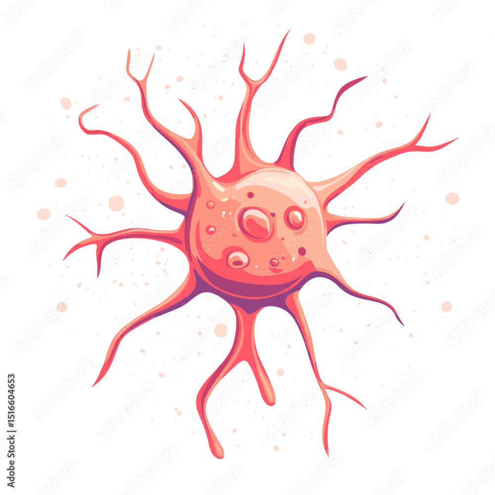Poster detailed pink neuron illustration with cellular structures on white background featuring rounded cel