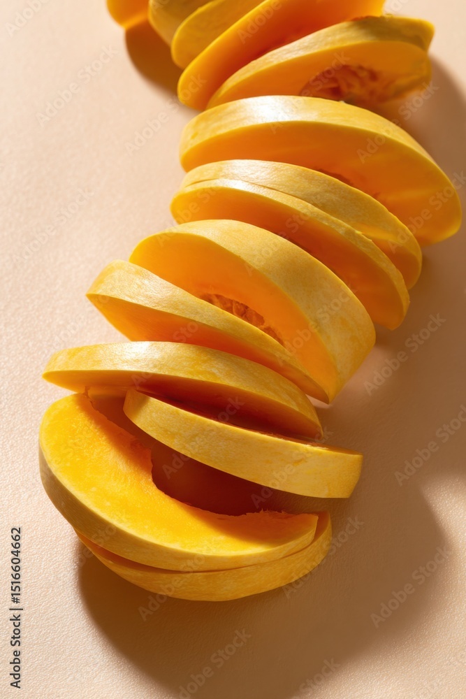 Poster slices of butternut squash arranged in layered spiral pattern with gentle shadows, soft fall-inspire