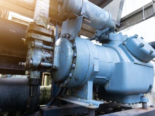 Close up the refrigerant compressor unit on the chiller machine.