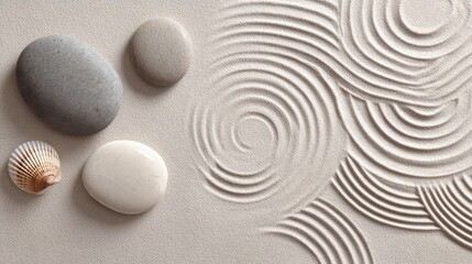 soft sand and stone tones, abstract circular patterns resembling raked Zen gardens, organic symmetry