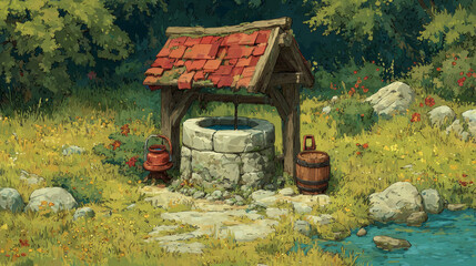 Cartoon medieval well with roof in deep forest game background. Summer scene illustration in trees with fount of drinking water. Outside fairytale landscape with bucket and vintage lantern.