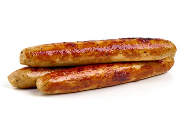 Roasted BBQ Sausages, isolated on White Background.