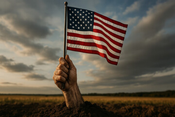 Hand emerges from earth holding flag