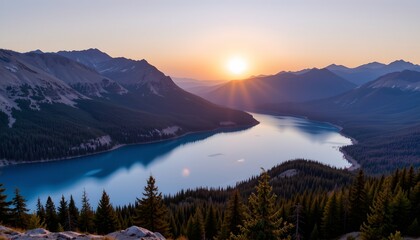 a breathtaking view of a mountainous landscape at sunrise or sunset. prominent in the center is a serene lake nestled amidst the mountains