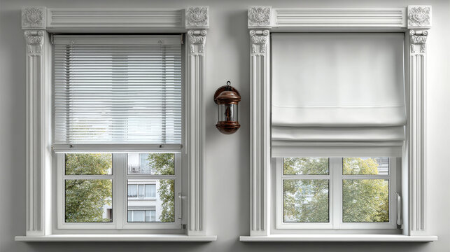 Plastic window with rolling shutter isolated on transparent background. Vector realistic set of closed and open roller up for glass window, white blind for office or shopfront