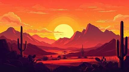 Sunset Desert Landscape Digital Painting, Warm Color Palette, Mountainous Terrain, Cactus, Desert Scenery Desert, Sunset