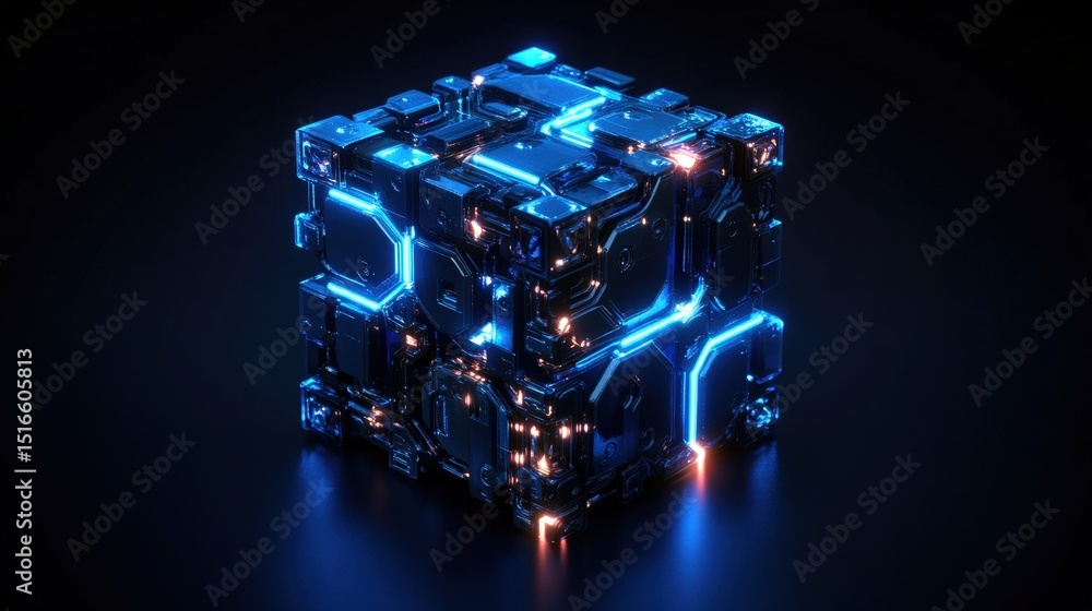 Poster futuristic glowing electronic microchip cube with intricate circuits and vibrant neon lighting desig