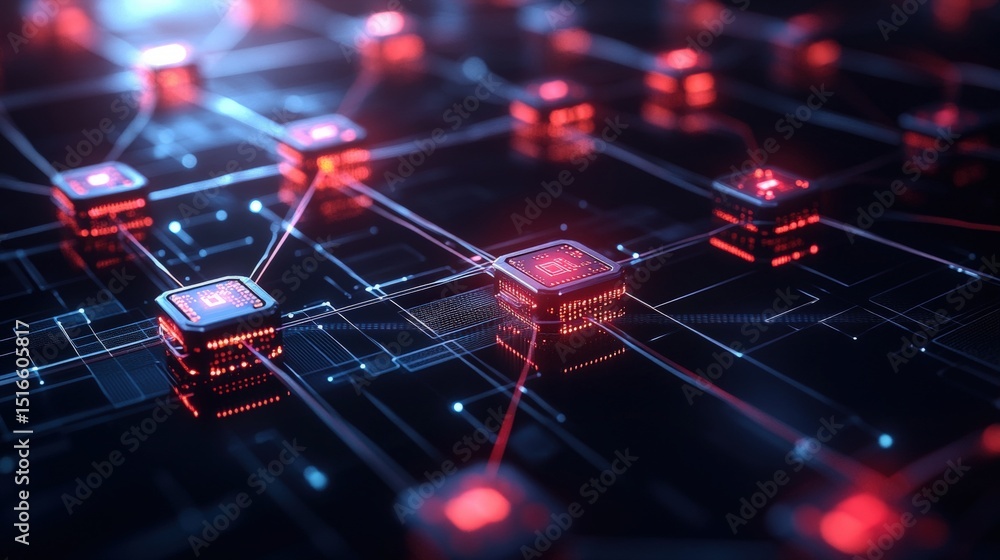 Poster futuristic digital network with interconnected glowing nodes and illuminated technology grid