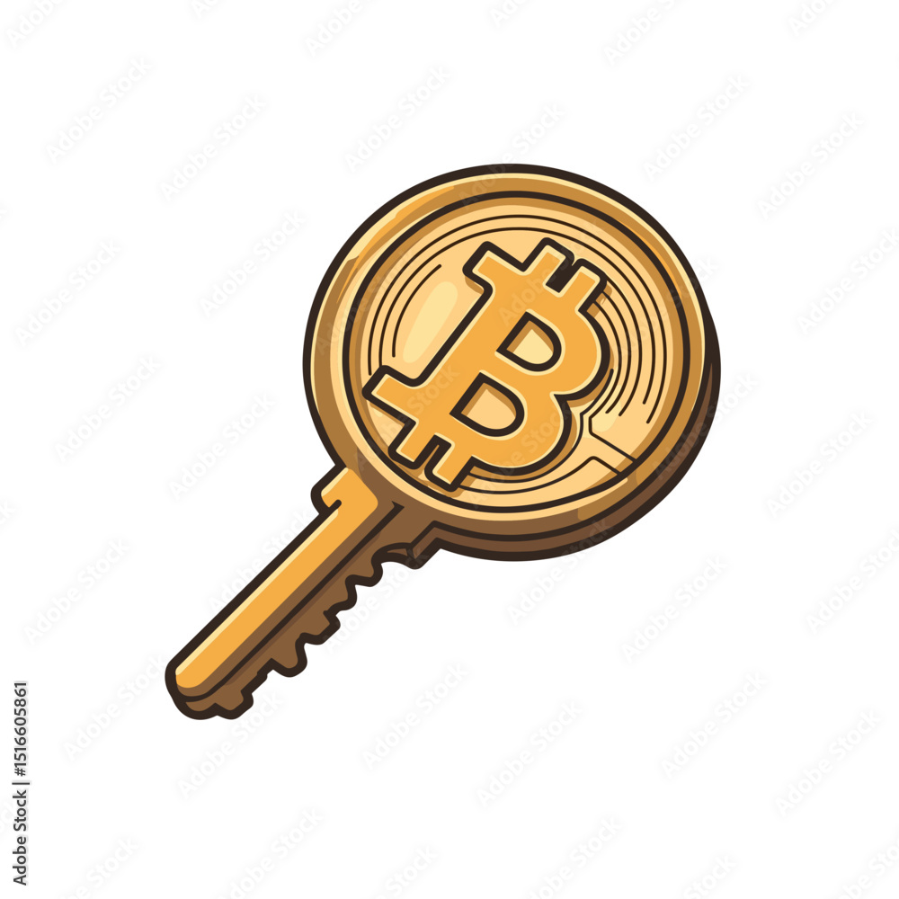 Poster golden bitcoin key symbolizing secure digital cryptocurrency access on white background