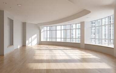 Fototapeta premium sunlit empty office room, off-white walls, large windows casting soft cinematic shadows, perfect for branding 