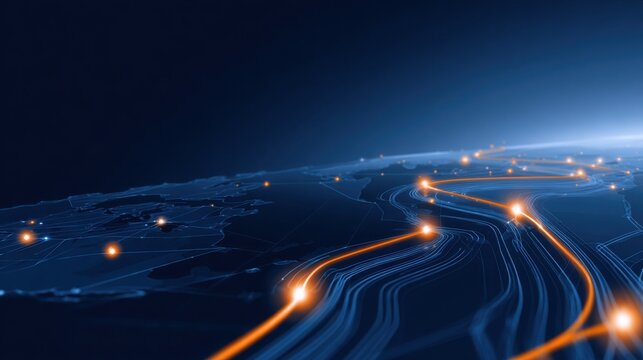 stylized logistics background, navy blue map lines forming abstract routes with glowing orange nodes, clean minimal composition