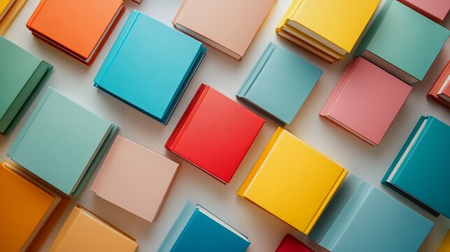 Colorful hardcover books arranged in a diagonal pattern on a flat surface - Powered by Adobe