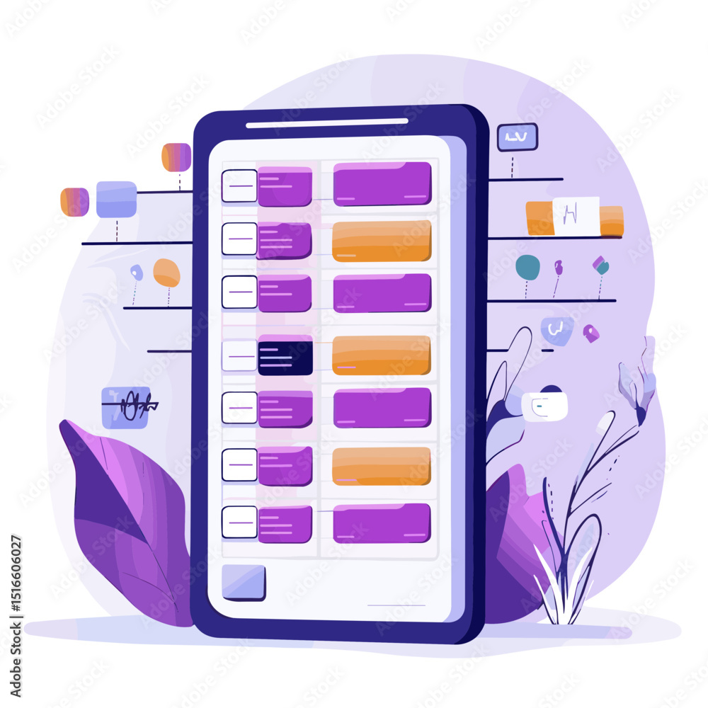 Poster graphical smartphone interface with rows of information and decorate elements in white and lavender 