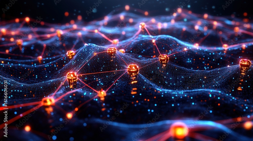 Poster futuristic digital network with interconnected glowing nodes and flowing data waves in vibrant neon 