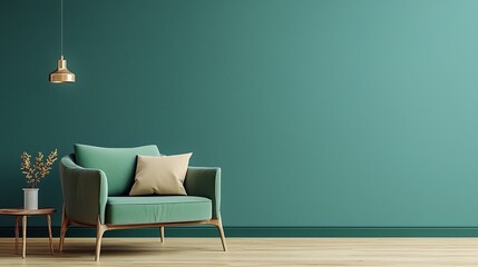 Teal Wall Minimalist Armchair Composition 3D Render, Interior Design, Home Decor, Green Accent Wall Interior Design, 3D Rendering