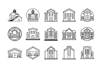 Collection of diverse house and building icons for urban and residential architectural design
