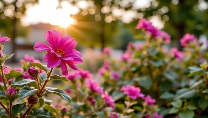 Obraz premium a serene garden scene with a vibrant bed of pink flowers