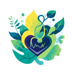 Heartbeat Symbol Surrounded by Green Leaves in a Decorative Design on White Background Vector Art