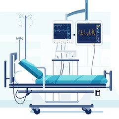 Hospital Bed with Medical Monitor and Support Equipment in Blue and White Tones for Patient Care and Health Checkup at Clinic