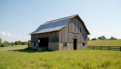 Rustic barn graces a sunlit, verdant field, evoking nostalgia under a clear, bright blue summer sky.