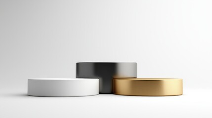 Three Cylinders Podium White, Black, Gold Mockup, Product Display, Minimalist, 3D Render, Award Ceremony Podium