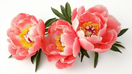 Three Coral Peonies Close Up,Floral Composition,White Background,Spring Blooms, Peony Photography,Flower Arrangement,Coral Peonies Peonies