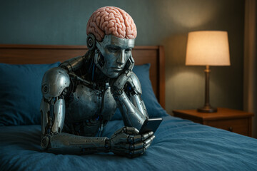 Robotic figure with exposed brain using a mobile phone in bed