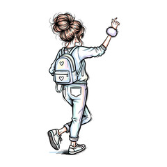 Trendy Girl Sketch with Pastel Backpack

