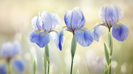 Three Pale Blue Irises Soft Focus Floral Composition, Spring Bloom Photography, Nature's Serenity, Iris Flower, Botanical Image Iris, Spring Flowers