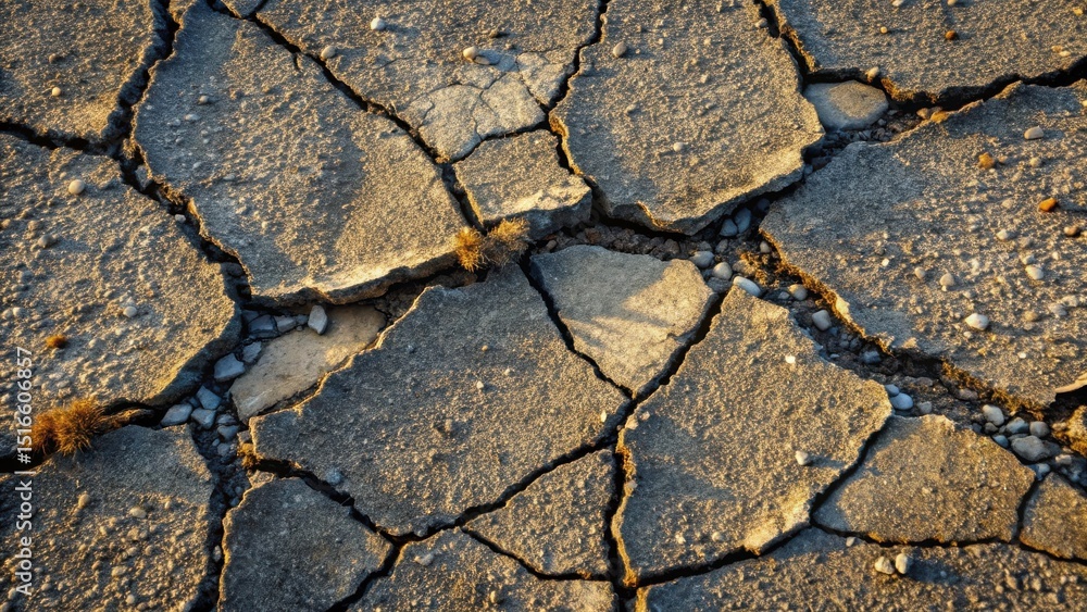 Poster a sunlit expanse of fractured pavement reveals a network of cracks, showcasing the texture of weathe