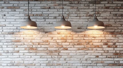 Three Pendant Lights on White Brick Wall, Interior Design, Lighting, Brick Background, Pendant Lamp Lighting, Interior Design