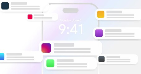 App push notification pop up one by one, Instagram whatsapp messages filling the entire iphone screen. Social media alert UI motion graphic. ios mobile text bubble animation 4K - Powered by Adobe