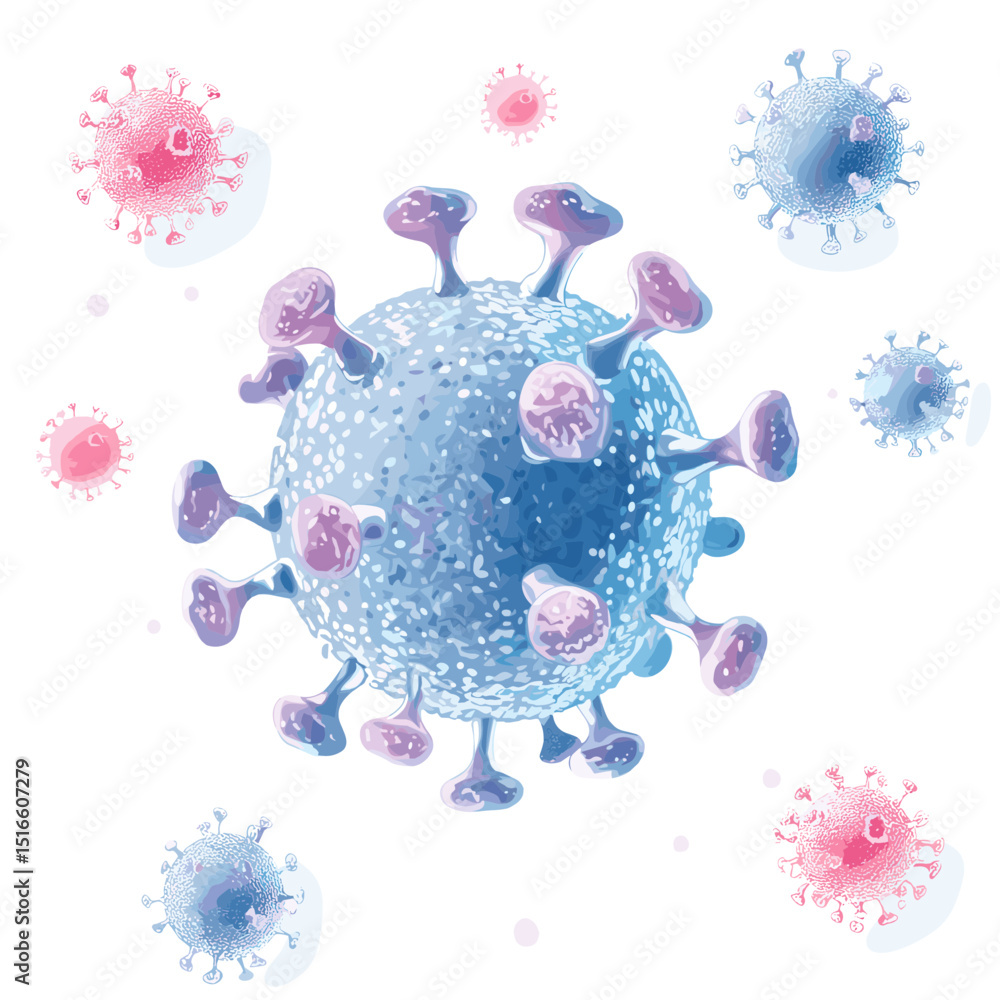 Poster illustrative rendering of a virus structure with spikes in pink and blue color palette against white