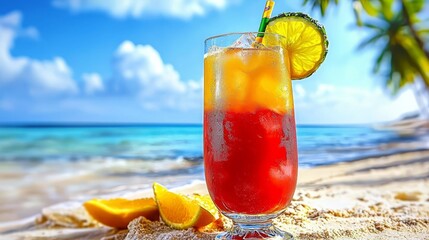 Tropical Beach Cocktail Layered Tequila Sunrise, Ocean View, Summer Drink, Beach Photography. , Tequila Sunrise, Summer Cocktail