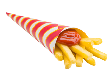 a 2d flat illustration of fries in a striped cone with mustard and ketchup on white background