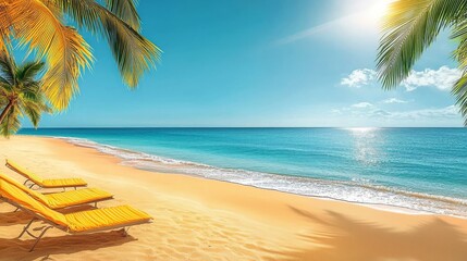 Tropical Beach Scene Three Yellow Lounge Chairs, Palm Trees, Ocean View, Digital Painting, Summer Vacation, Paradise, Idyllic Beach Beach
