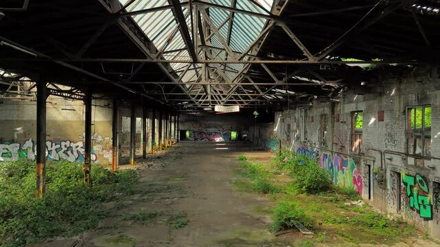 Drone flight in the lost place industrial hall