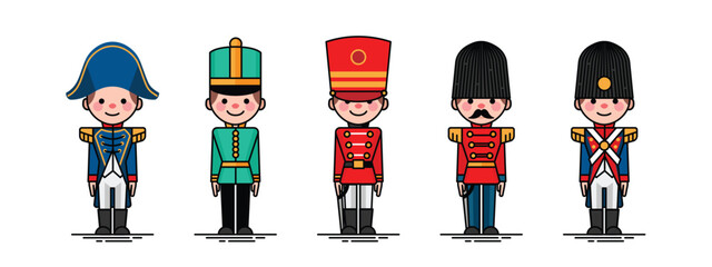 Vintage wooden toy soldier, the nutcracker, cute cartoon illustration of traditional soldiers or guardsman in historical uniform. Flat vector style.