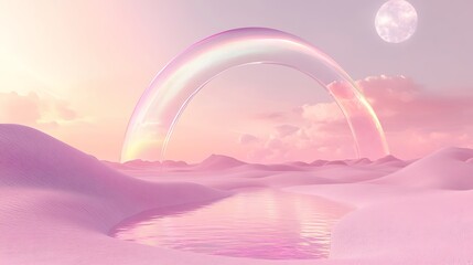 Serene Pink Landscape with Arches, Desert Dunes, Still Water, and a Pale Moon for Wall Art or Background Use.