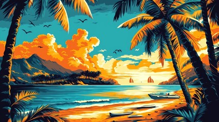 Tropical Sunset Seascape Vibrant Palm Trees, Boats and Golden Hour Composition, Beach, Ocean Tropical Paradise,Sunset Scenery