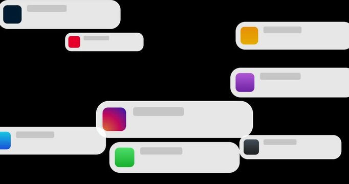 App notification banner pop up one by one, Messages filling the entire screen. Social media alert UI motion graphic. Mobile text bubble animation. Transparent alpha matte MOV background, 4K 