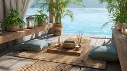 Fototapeta premium tropical resort meditation corner, water view, bamboo mats, incense sticks, calm energy, zen ambiance 